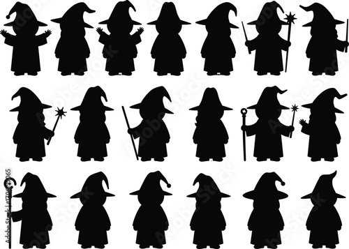 Wizard silhouette vector collection, magical sorcerer icons, fantasy magician shapes, black and white wizard figures, wand and staff illustrations for design