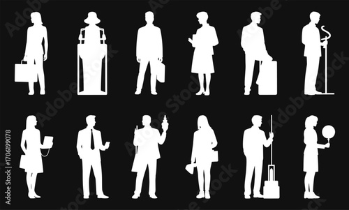 Silhouettes of business people, office workers, public speakers, and professionals, presenting, traveling, working, holding objects, vector illustration design.