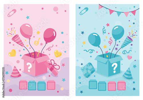 Two different poster for gender reveal party, vector illustration
