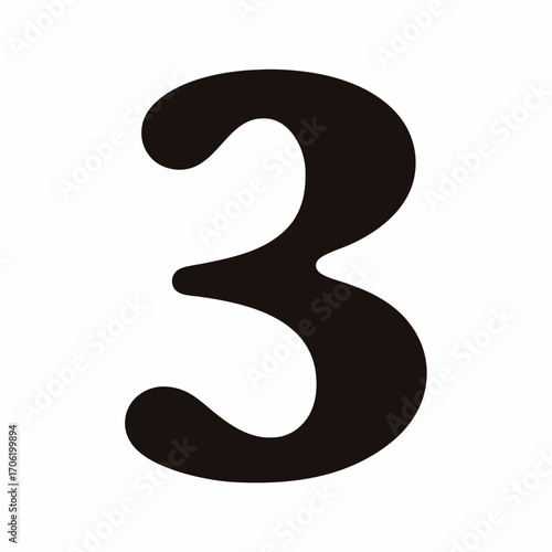 Black silhouette of number three digit-Vector illustration of the number three in bold black silhouette, suitable for education, typography, mathematics, counting, and graphic design projects.