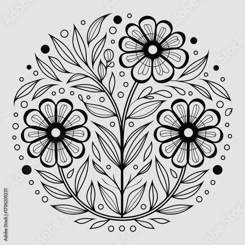 Folk Art Floral Mandala, Traditional Decorative Flower Pattern, vector illustration