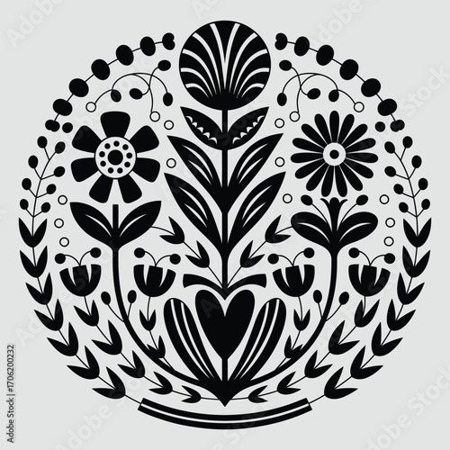 Folk Art Floral Mandala, Traditional Decorative Flower Pattern, vector illustration