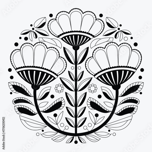 Folk Art Floral Mandala, Traditional Decorative Flower Pattern, vector illustration
