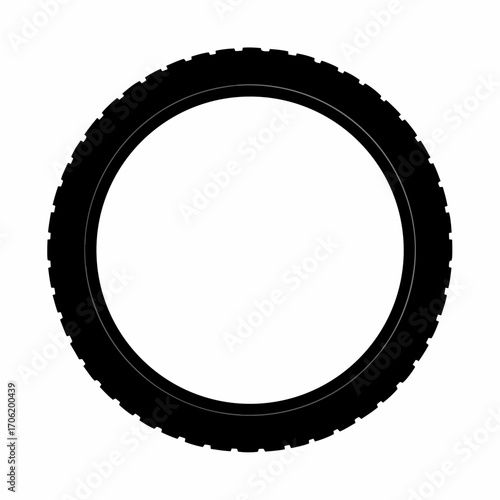 Black silhouette of circular tire with tread-Simple black silhouette of a tire featuring tread details, isolated on a white background, suitable for automotive, repair, and transport graphics.