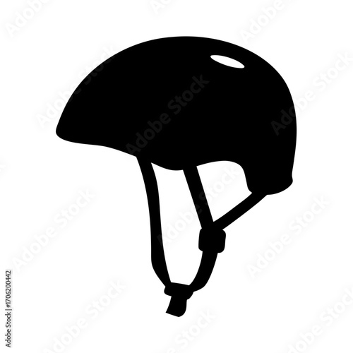 Silhouette of safety helmet with chin strap-Black silhouette illustration of a protective helmet featuring chin straps, isolated on a white background, suitable for cycling, sports, and safety graphic