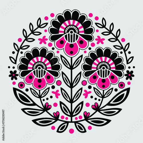 Folk Art Floral Mandala, Traditional Decorative Flower Pattern, vector illustration