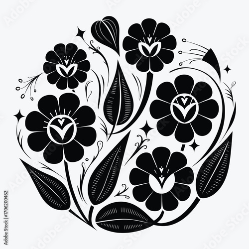 Folk Art Floral Mandala, Traditional Decorative Flower Pattern, vector illustration