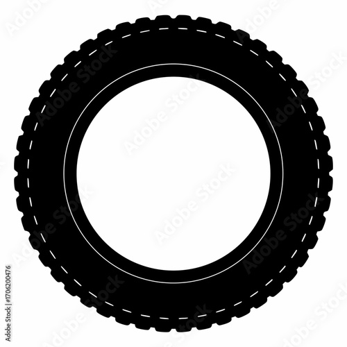 Black tire silhouette with detailed tread-Circular black silhouette of a tire featuring tread and sidewall details, isolated on white background, ideal for automotive, repair, and transport design.