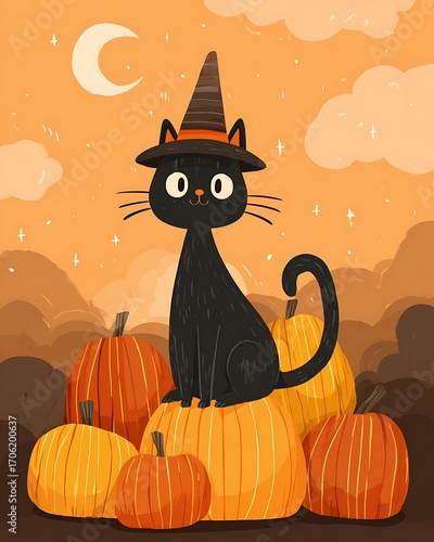 Cute Halloween Black Cat in Witch Hat with Pumpkins at Night