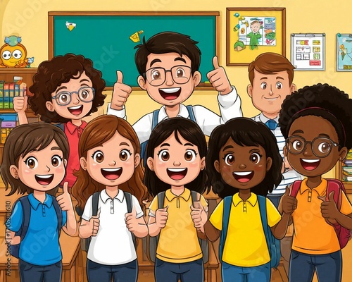 Japanese students and teacher having fun showing thumbs up at school in cartoon style