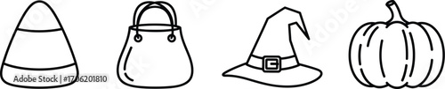 Halloween icons in a row with candy corn treat bag witch hat and pumpkin