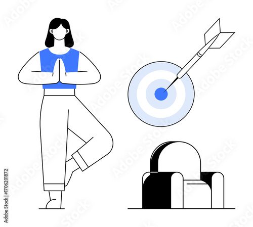 Woman in tree pose symbolizing mindfulness beside a dartboard with a hit target and a modern chair. Ideal for focus, balance, goals, mindfulness, relaxation, precision, lifestyle. Simple flat