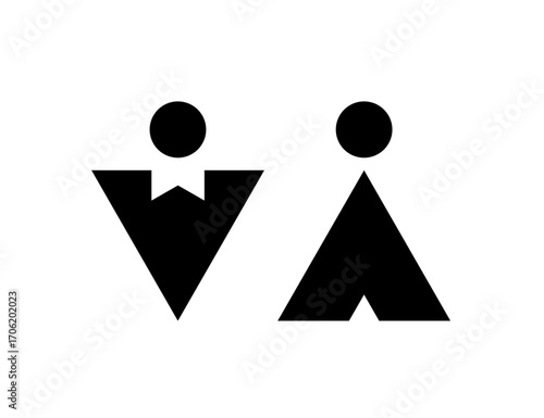 Simple black symbols represent male and female restrooms. The male symbol features a bowtie, while the female symbol is structured with a triangular shape, creating a clear distinction