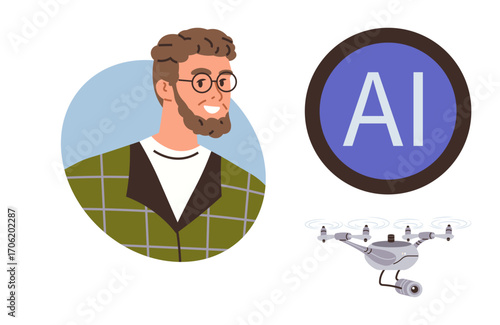 Man with glasses and beard stands alongside AI logo in circle and advanced quadcopter. Ideal for technology, AI innovation, future concepts, modern lifestyle, digital transformation, STEM, simple flat