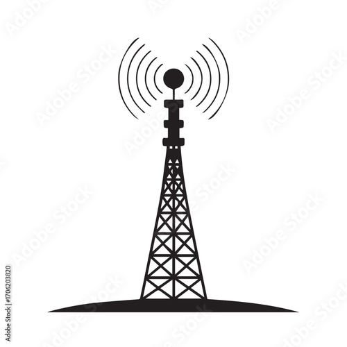 Black and white illustration of a communication tower emitting radio waves, isolated on white background technology background