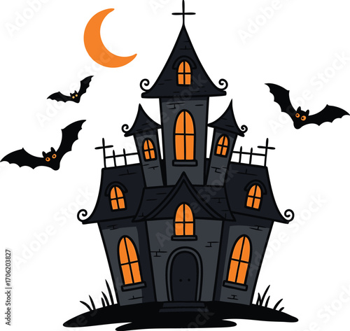 Spooky halloween haunted house with bats and moon for a festive and fun design