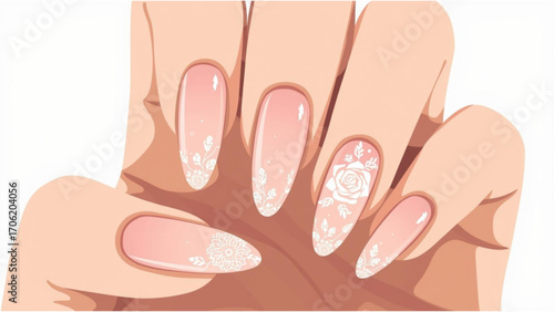 Illustration of French Manicure Nails with White Lace Floral Designs