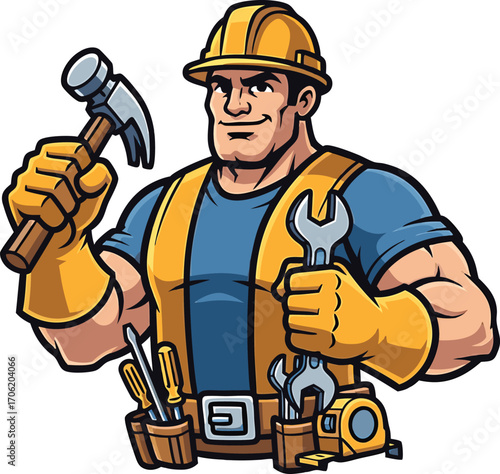 Vector illustration of a strong construction worker with tools for building and repairs