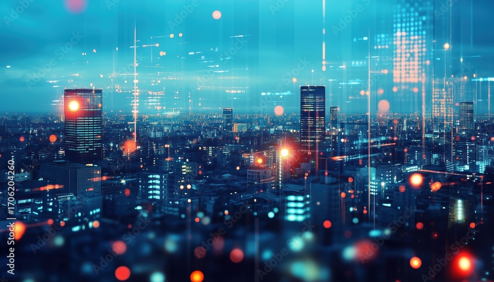 Fototapeta premium Technology Graphic Enhances Night Cityscape In Double Exposure Image Showcasing The Blend Of Urban Landscape With Digital Elements. A Striking Visual Composition.