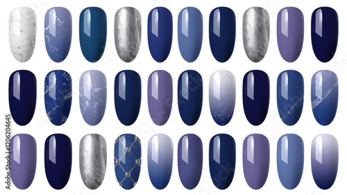 Assortment of 27 blue and silver nail art designs nails