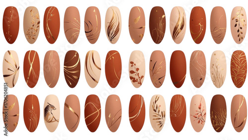 Earth-toned oval nail art swatches with gold accents and nature motifs