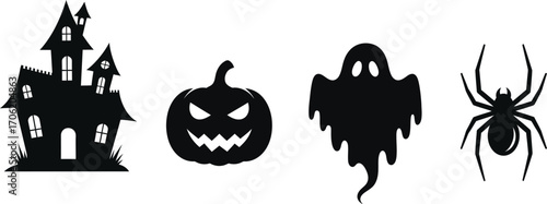 Spooky halloween silhouettes of a haunted house pumpkin ghost and spider art