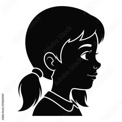 Profile silhouette of young girl with ponytail smiling warmly joyful expression silhouette