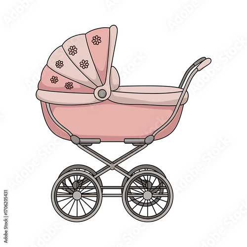 Vintage Style Baby Pram Illustration with Pink Colors and Flower Design on White Background for Baby Shower Invitations
