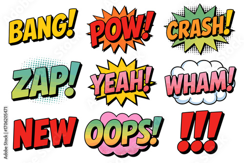 Comic Book Sound Effects Words Clipart Set Isolated on White Background with Bold Colors and Dynamic Designs