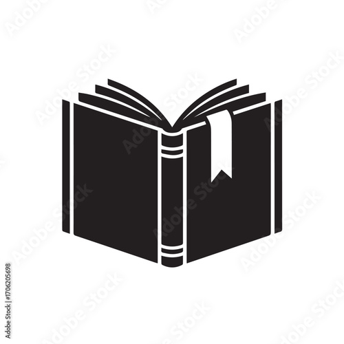 Black silhouette of an open book with a bookmark, isolated on white background technology background