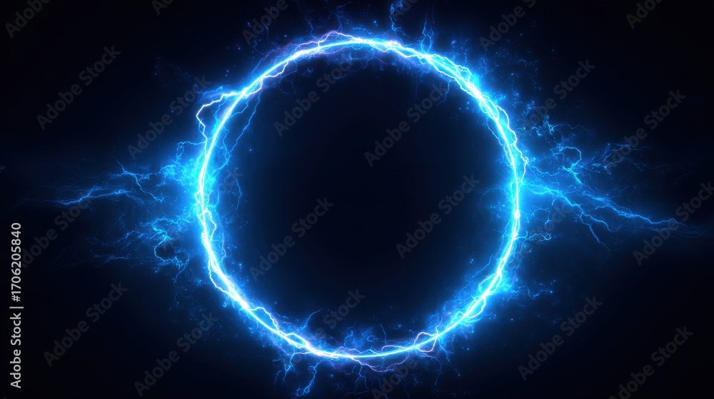 Obraz premium Stunning photo of electric blue lightning frame with plasma portal on dark background. Round glowing sphere with neon strikes. Energy circle border with flash spark effects.