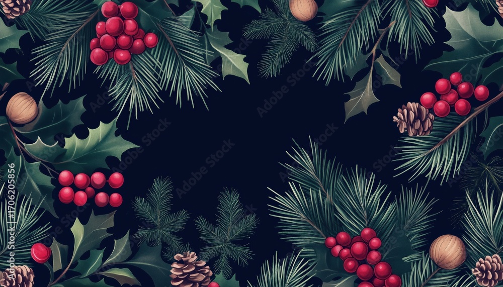 custom made wallpaper toronto digitalChristmas And Winter Seasonal Pattern Featuring Berries And Pine Branches On A Dark Background - A Design Fit For Festive Celebrations.
