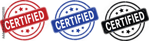Red Blue Black Grunge Certified Stamp Round Label with Stars on White Backdrop
