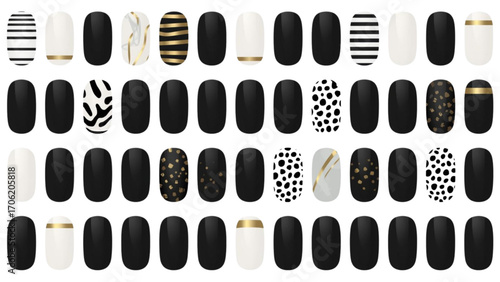 Black and white oval nail swatches with gold and abstract accents