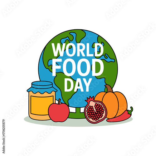World Food Day Illustration with Globe Fresh Fruits and Jar of Honey Promoting Global Awareness and Sustainable Eating