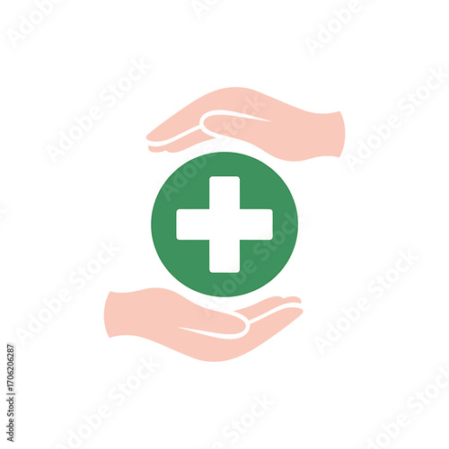 Hands protecting green medical cross symbol healthcare concept support and care illustration on white background vector art