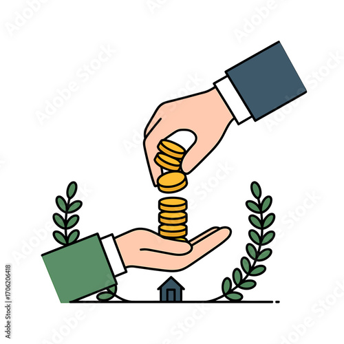 Investment for Growth Hand Placing Coins in Another Hand near Plants and Tiny House Concept