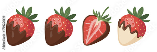 Delicious Chocolate Covered Strawberries Arrangement with a Halved Strawberry Displayed on a White Background