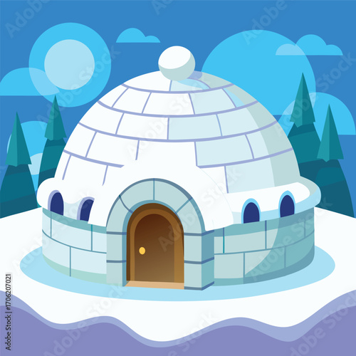 Winter Igloo in Snow Landscape Vector Illustration
