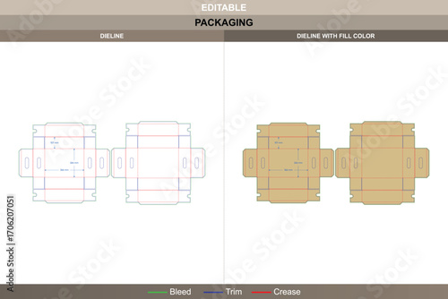 Custom box with lid dieline including hand holes for easy carrying, editable carton packaging template for branding with accurate fold marks and die line layout