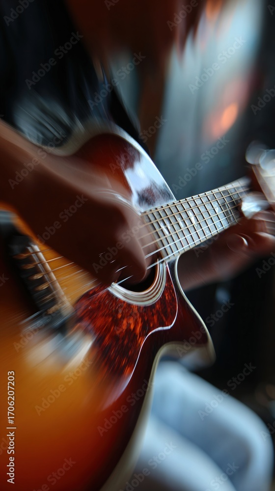 Fototapeta premium Blurred Hands Playing Acoustic Guitar with Warm Tones in Background