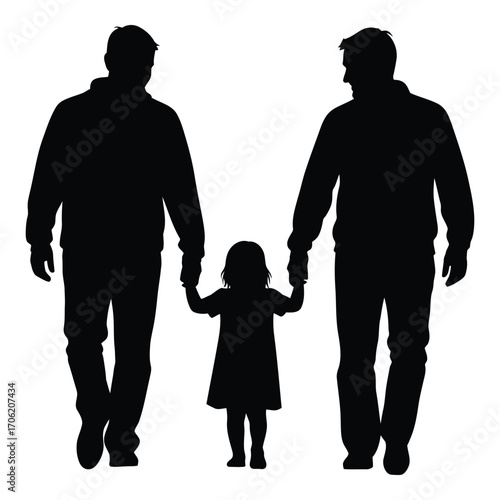 Silhouettes of two fathers holding hands with their child walking together silhouette