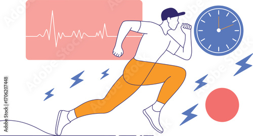 Active man running with focus, symbolizing health and fitness goals with a clock and heart monitor.