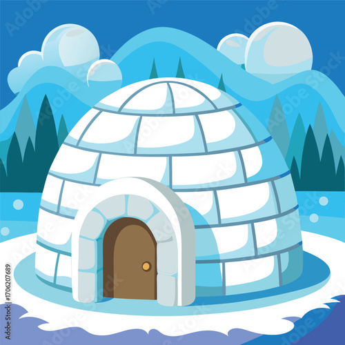 Winter Igloo in Snow Landscape Vector Illustration