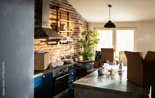 Modern Kitchen with Moving Boxes