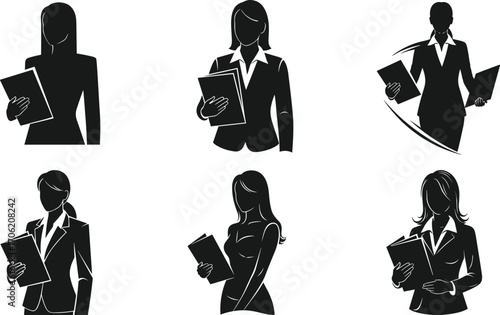 Business Silhouettes Featuring Professional Women Holding Documents for Corporate, Leadership, and Workplace Diversity Design and Presentation Content