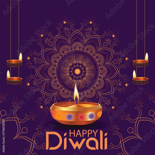 Happy Diwali Celebration with Illuminated Diyas
