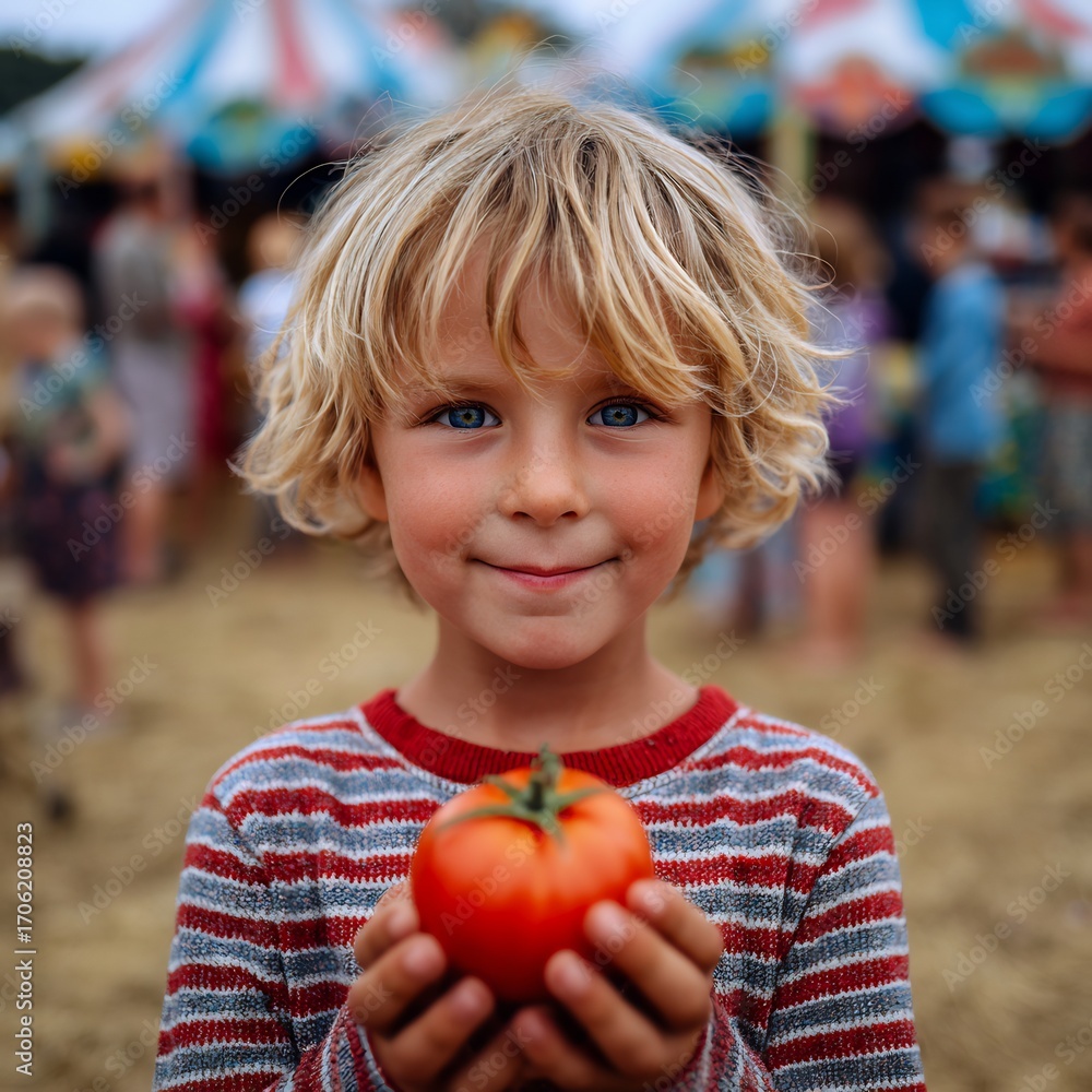 Fototapeta premium Young boy with blonde hair holds a fresh tomato at an outdoor festival