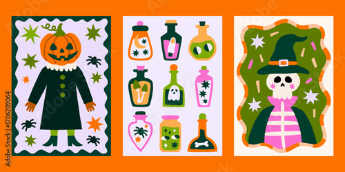 Cutout style Halloween vector posters set. Cute retro groovy fall print designs with skeleton, pumpkin characters, magic potions illustrations in playful frames