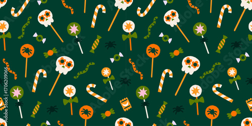 Cute Halloween vector seamless pattern. Fall wrapping paper design with candies, treats, sweets, lollipop, candy canes illustrations